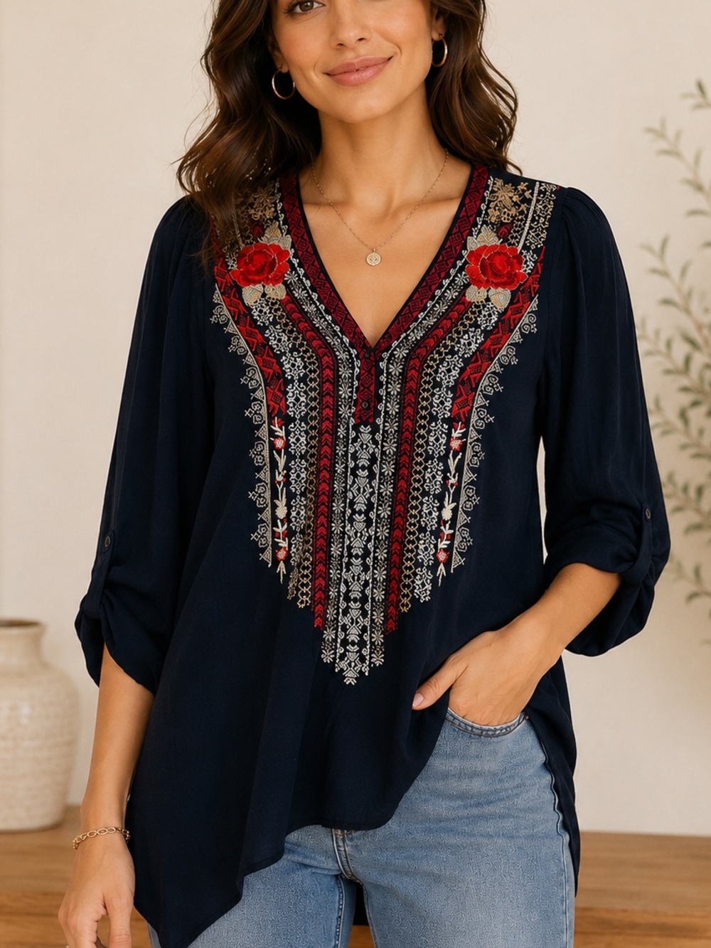 Embroidered Boho Tunic Top Navy Red Floral V-Neck 3/4 Sleeve Blouse